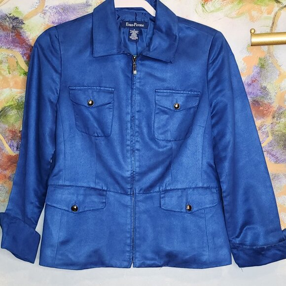Evan Picone Blue Suede-like Zip Blazer With Gold Buttons and Pockets - Picture 3 of 13